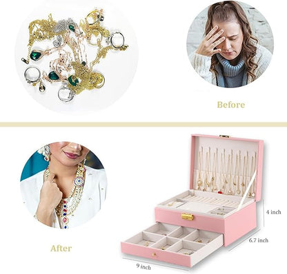 GUOER Jewelry Organizer Box for Women - Large PU Leather Jewelry Organizer Storage Case with Two Layers Display for Earrings Bracelets Rings Watches (Pink)