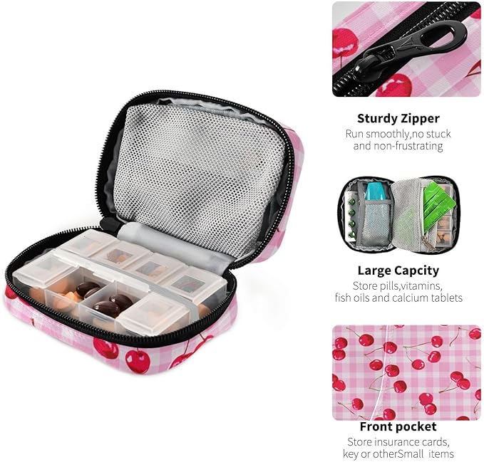 Pink Juicy Checkered Cherry Travel Pill Organizer Case Box Container Weekly Portable Vitamin Medicine Holder Storage Bag with Zipper Removable
