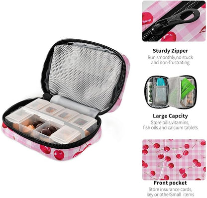 Pink Juicy Checkered Cherry Travel Pill Organizer Case Box Container Weekly Portable Vitamin Medicine Holder Storage Bag with Zipper Removable