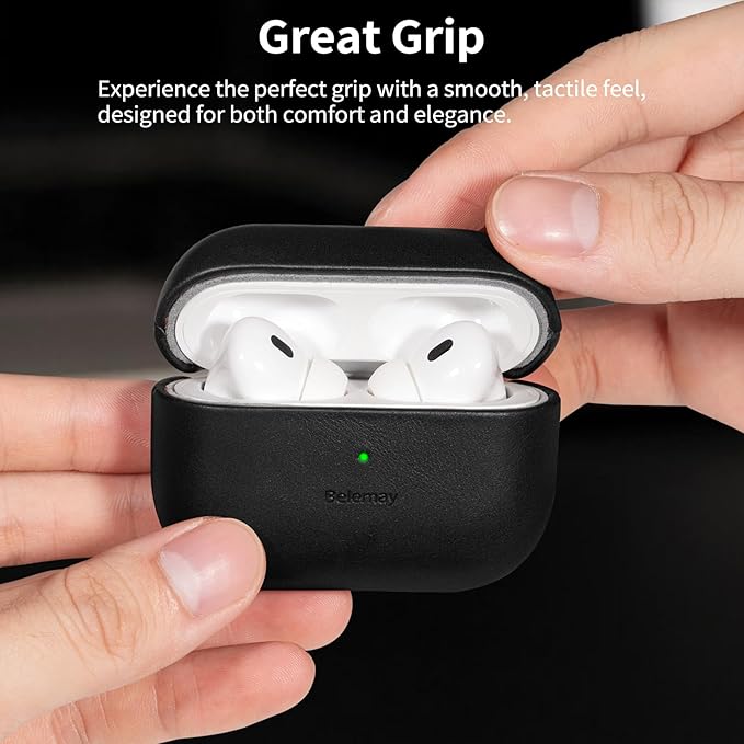 Belemay Handcrafted Full-Grain Vegetable-Tanned Leather Case for AirPods Pro 3rd Gen (2025), Classy Two-Tone Effect, Natural Patina, Compatible with MagSafe, Compatible with Airpods Pro 3, Black