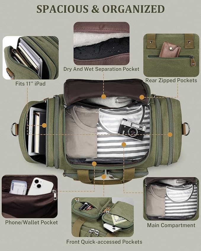 Gonex Canvas Duffle Bag for Travel, Expandable Water Resistant 60L Carry on Duffel Overnight Weekender Gym Bag with Wet Dry Separation Pocket & Suitcase Handle Sleeve, Army Green