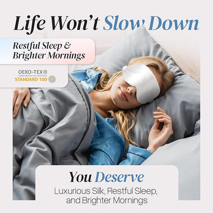 Adjustable Silk Sleep Mask Eye Covers | 100% Pure 6A Mulberry Silk | Blackout & Hypoallergenic | Concealed Strap for Women & Men | for Sleeping & Travel (Ivory White)
