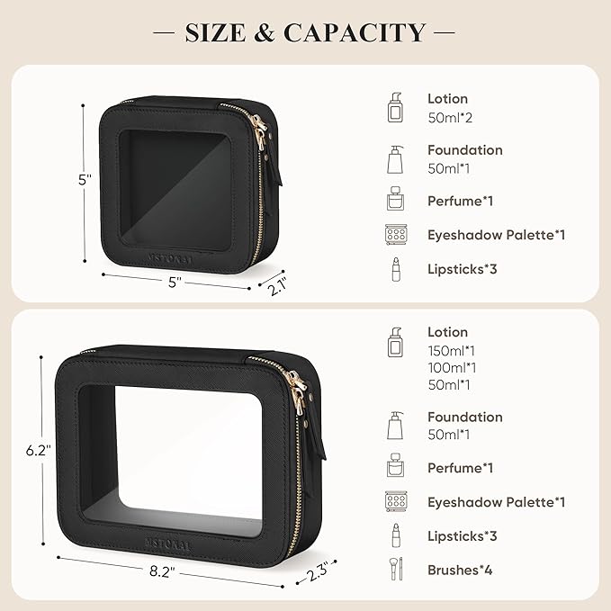 Clear Makeup Bag, Travel Toiletry Bag Cosmetic Case for Women, Waterproof Portable Make Up Skincare Pouch with Zipper, Compact Car Organizer Bag for Essentials, Medium Size, Black