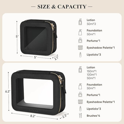 Clear Makeup Bag, Travel Toiletry Bag Cosmetic Case for Women, Waterproof Portable Make Up Skincare Pouch with Zipper, Compact Car Organizer Bag for Essentials, Medium Size, Black