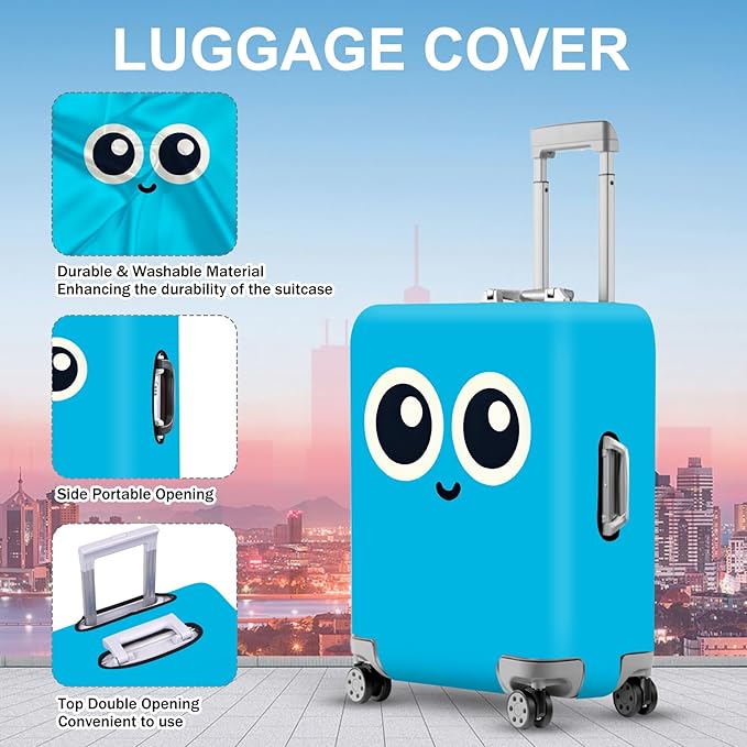 ANNA QUEEN Cute Smiley Face Luggage Cover, Light Blue Cartoon Suitcase Protector with Big Eyes Design, Stretchable, Washable Travel Cover for 24-26 Inch Luggage