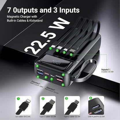 Portable Charger Power Bank 50000mAh- 7 Outputs & 3 Inputs USB-C PD 22.5W Fast Charging Powerbank Battery Pack with Built-in Cables and Ports LED Display for iPhone 16 15 14 13 Samsung Android iPad