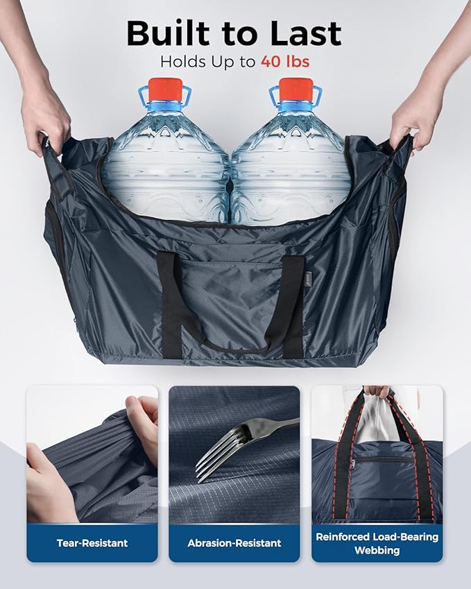 pack all 65L Foldable Travel Duffel Bag, Packable Weekender Bag with Shoe Compartment, Water-Resistant Gym Bag with Adjustable Strap for Overnight, Sports and Camping (Navy)