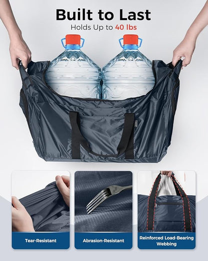 pack all 65L Foldable Travel Duffel Bag, Packable Weekender Bag with Shoe Compartment, Water-Resistant Gym Bag with Adjustable Strap for Overnight, Sports and Camping (Navy)