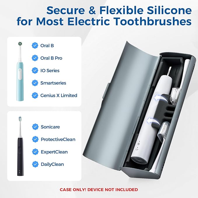 Aluminum Electric Toothbrush Travel Case, 2 in 1 Travel Toothbrush Holder for Oral B/Oral-B Pro 1000 1500 5000 7000 and Most Electric Toothbrush for Traveling, Removable Silicone Liner-Grey