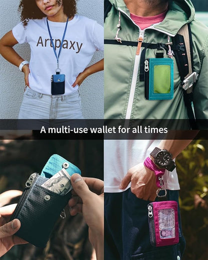 Minimalist Wallet For Mens Womens, Keychain RFID Blocking Zipper Small Wallet with ID Window 2 Lanyards,Water Resistant Travel Cash Card Coin Case Boys Girls
