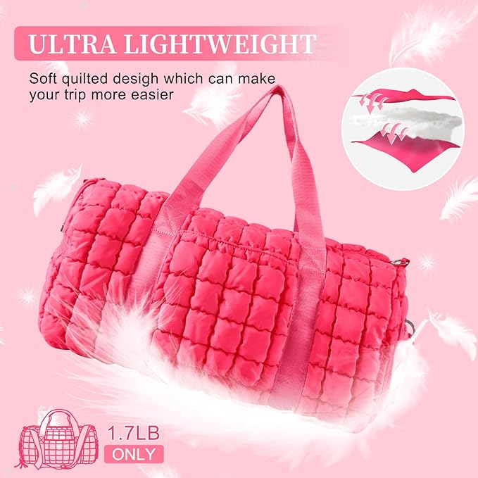 Quilted Travel Duffle Bag Gym Bag for Women,Large Puffer Duffle Weekender Bag with Compartment,Workout Overnight Carry on Organizer Bag Duffle Bag for Airplane Travel(L-Rosered)