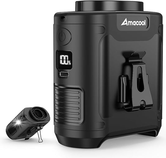 AMACOOL Portable Waist Fan Clip On, MAX 40H Work Time, 10000mAh Rechargeable Wearable Shirt Fan with Light, 16000RPM Powerful 5 Speed Belt Fans Personal Cooling Fans for Outdoor Jobsite Travel