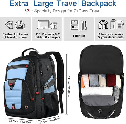 Z-MGKISS Big Backpack for Travel, 52L Large Anti-Theft Computer Backpack for Women Men, Heavy Duty Laptop Bag 17.3 Inch with USB Port, College Business Work Daypack, Lake Blue