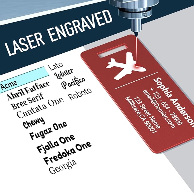 4 Personalized Metal Luggage Tags, Laser Engrave Name and Logo, Custom Aluminum Suitcase Tags with Steel Ring, for Travel, Backpack, Baggage (Red)