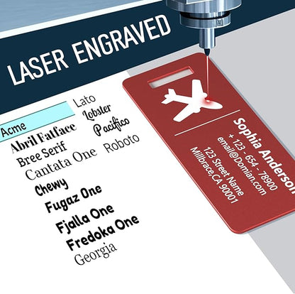 4 Personalized Metal Luggage Tags, Laser Engrave Name and Logo, Custom Aluminum Suitcase Tags with Steel Ring, for Travel, Backpack, Baggage (Red)