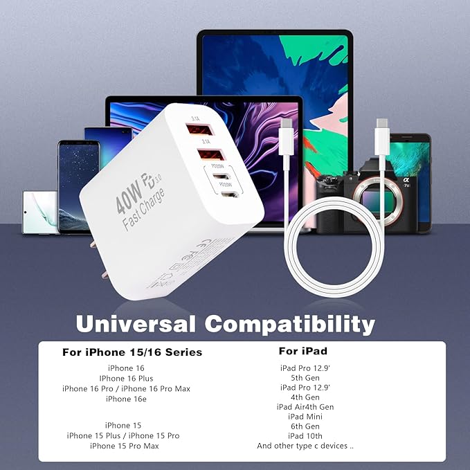 iPhone 17 16 Charger,40W Multiport USB C Charger Fast Charging Block,2Pack 4-Port Type C Phone Chargers 10FT Long Type C Charging Cable for iPhone 17 Pro/17 ProMax/17 Air/16 ProMax/16e/15 Pro/15 Plus