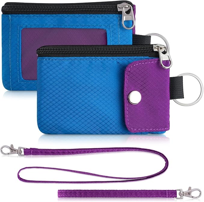 Minimalist Wallet For Mens Womens, Keychain RFID Blocking Zipper Small Wallet with ID Window 2 Lanyards,Water Resistant Travel Cash Card Coin Case Boys Girls