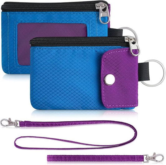 Minimalist Wallet For Mens Womens, Keychain RFID Blocking Zipper Small Wallet with ID Window 2 Lanyards,Water Resistant Travel Cash Card Coin Case Boys Girls
