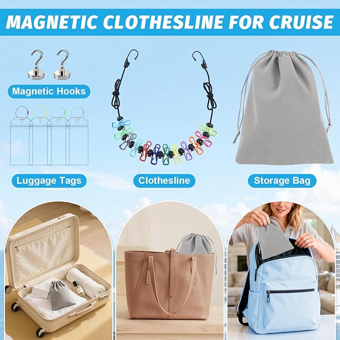 Travel Clothesline for Cruise Retractable Clothesline with 12 Clothesline Clips 2 Strong Magnets Hooks 4 Luggage Tags Camping Portable Clothesline for Hotel Room RV Indoor Cruise Ship Essentials 2025