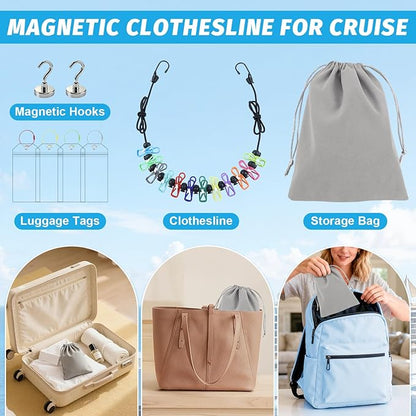 Travel Clothesline for Cruise Retractable Clothesline with 12 Clothesline Clips 2 Strong Magnets Hooks 4 Luggage Tags Camping Portable Clothesline for Hotel Room RV Indoor Cruise Ship Essentials 2025