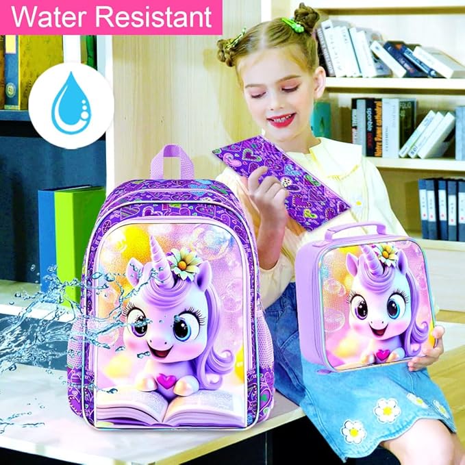 WZLVO 3PCS Unicorn Backpack, 16" Glittery UV Printing Girls Bookbag/School Bag with Lunch Box & Pencil Bag for Preschool to Elementary - Reading Unicorn Purple