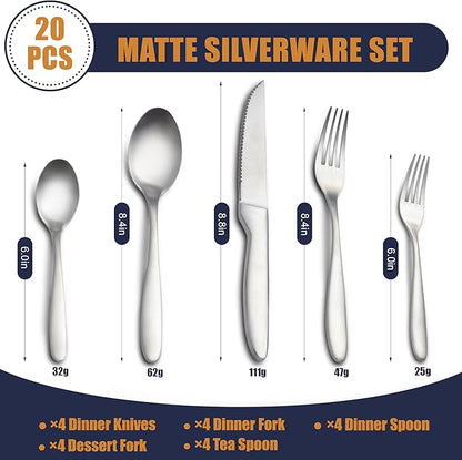 20 Pieces Silverware Set, Stainless Steel Flatware Set for 4, Matte Satin Polished Cutlery Set Include Forks Spoons and Knives, Dishwasher Safe Utensils Set for Home Restaurant