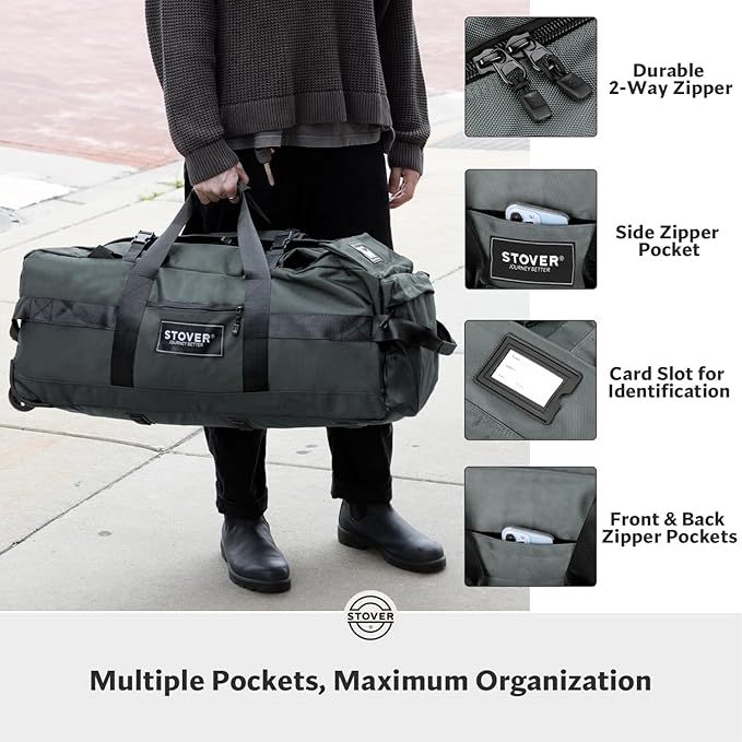 STOVER 80L Rolling Duffel Bag with Wheels, Large Durable Travel Duffle + Toiletry Bag, Heavy Duty, Packable, Foldable with Shoulder Straps- Use as Luggage or Backpack, Men/Women (Grey)