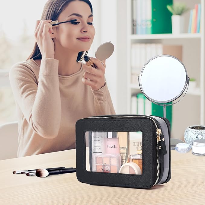 Pinkmik Clear Makeup Bag with Brush Case Travel Toiletry Bag Waterproof Cosmetic Organizer Car Essentials for Women (Black, M+SLIM-1)