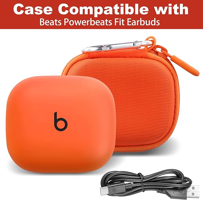co2CREA Hard Case for Beats Powerbeats Fit with Carabiner Clip, Shockproof Earbuds Storage Box – Protective Travel Cover for Wireless Noise Cancelling Earbuds (Orange Case)