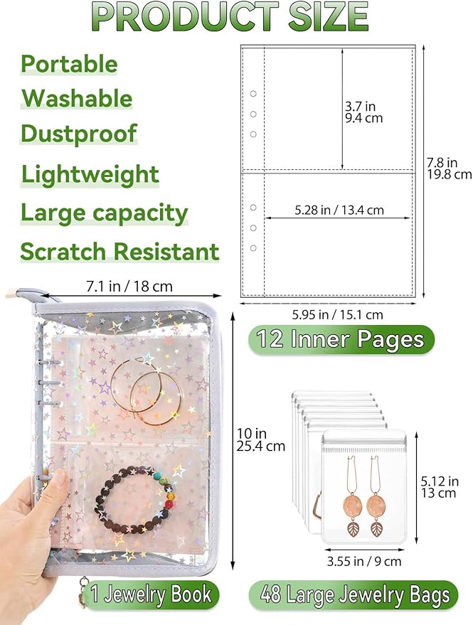 Jewelry Organizer Case Travel Clear Earring Organizer Case Transparent Jewelry Storage Book (Light blue, with 48 Pcs large Jewelry Pouches)