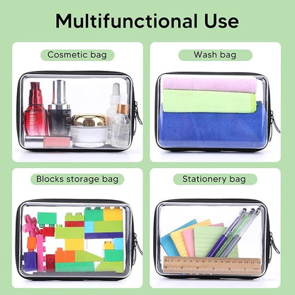 4 Pack 7.5x5.1x2.8 inch Clear Hard Zipper Pouch,Portable Waterproof Cosmetic Bag with Zipper,Makaup Bag,Toy Storage Organizer Bins,Hard Plastic Case for Organizing,Pencil Case