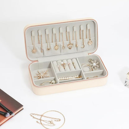Travel Jewelry Case, Small Jewelry Organizer Box Portable Jewellery Box for Rings Earrings Necklaces Bracelets, Beige C