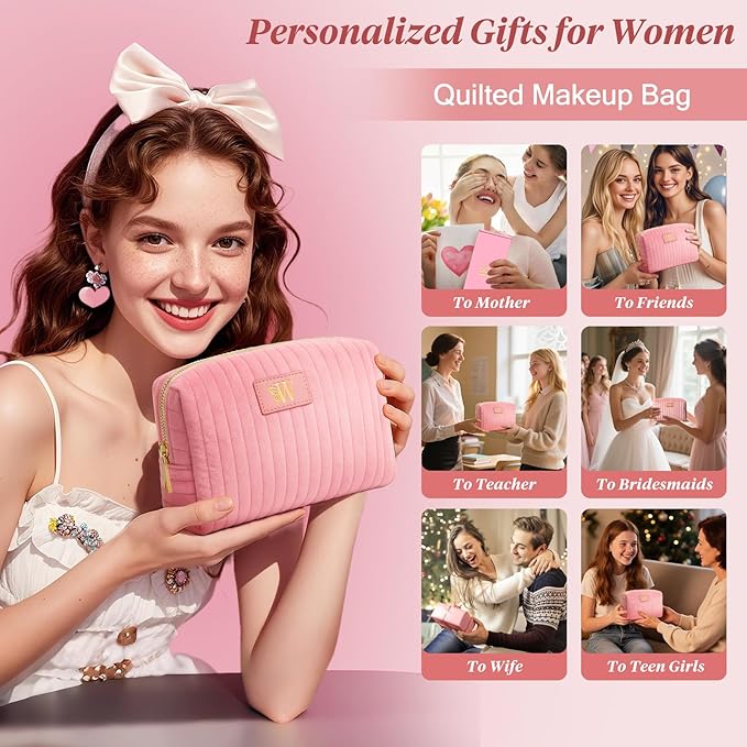 Monogrammed Make Up Bags for Women,Personalized Cosmetic Bags Women,Small Quilted Makeup Pouch,Cute Makeup Bag Travel,Birthday Gifts for Teen Girl (Pink W)