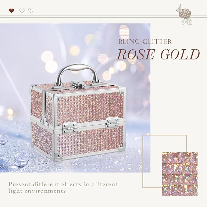 Costravio Makeup Box with Mirror, Makeup Organizer Case Train Case for Girls Women Kids Make up Box Makeup Case Organizer with Lock and Key Storage Vanity for Polishes Cosmetic Jewelry, Shiny Pink