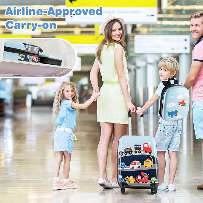 BABY JOY 2 PCS Kids Luggage, 16” Carry-on Hardshell Suitcase with Wheels & Hardside Backpack for Boys Girls, Airline-Approved Toddler Travel Luggage Set (Little Car)