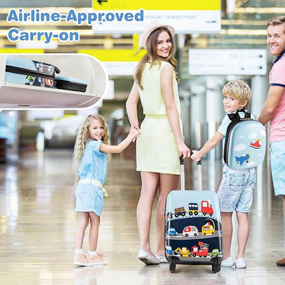 BABY JOY 2 PCS Kids Luggage, 16” Carry-on Hardshell Suitcase with Wheels & Hardside Backpack for Boys Girls, Airline-Approved Toddler Travel Luggage Set (Little Car)