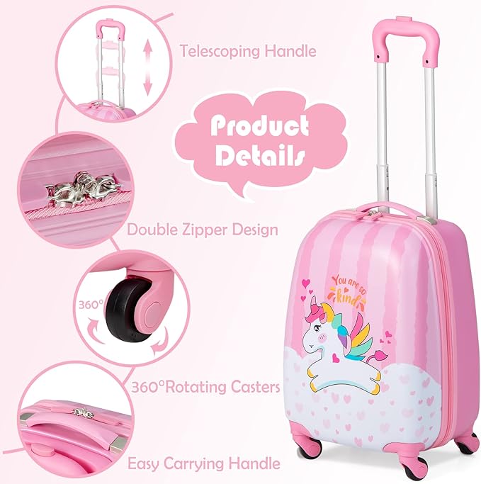 BABY JOY 2 Pcs Kids Luggage Set, 16" Carry-on Luggage Trolley Case & 12" Backpack w/Rolling Wheels, Retractable Handle, Lightweight Airline-approved Design, Kids Suitcase for Girls Boys (Lovely Pony)