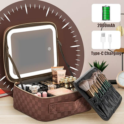 Makeup Travel Train Case with Mirror LED Light 3 Adjustable Brightness Large Cosmetic Bag Portable Storage Adjustable Partition Waterproof Makeup Brushes Make up Jewelry Gift for Women