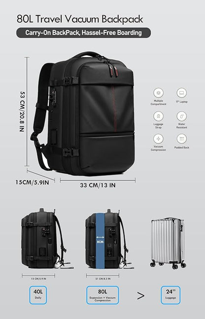 Vacuum Seal Backpack Travel with Built-in Pump 80L Expandable Travel Backpack with Vacuum System, TSA Lock Water Resistant Carry-On Backpack