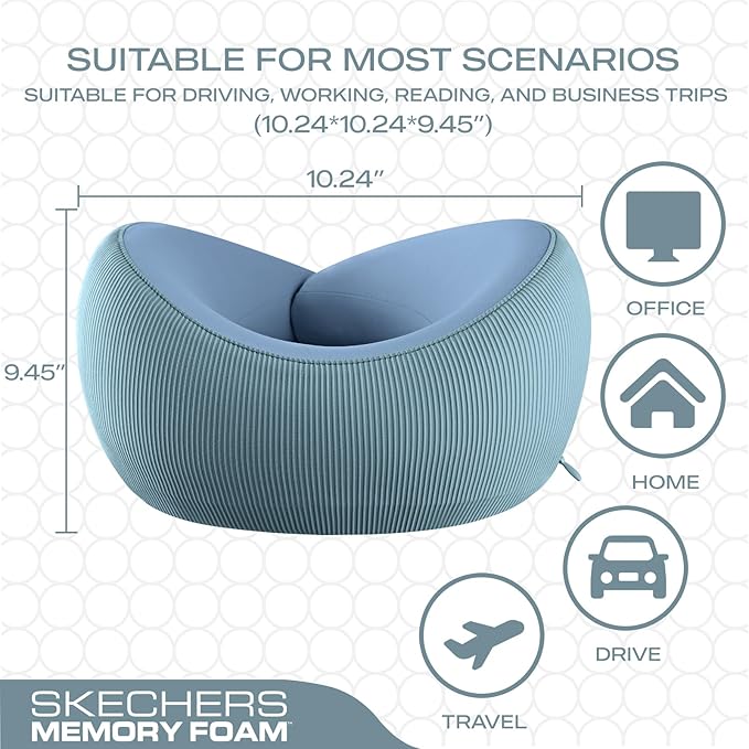 Skechers Women's Memory Foam Neck Pillow, Comfortable & Breathable Travel Pillow,Neck Pillow Airplane for Travel, Car Rides, Home, and Office Use, Ergonomic Design for Men and Women,Light Blue