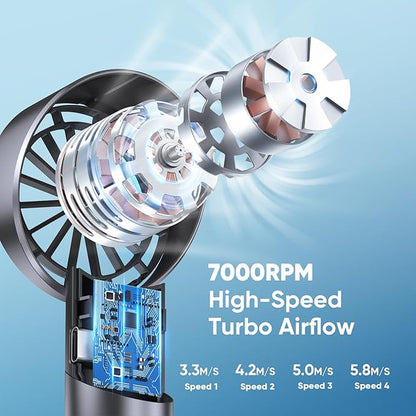 AMACOOL Portable Handheld Turbo Fan, 17Hrs Runtime, 4 Speeds Wind, Cool Metal Body, Rechargeable Battery Personal Fan, Mini Pocket Fans for Girl Woman Man Travel Makeup Camping Outdoor-Black Grey