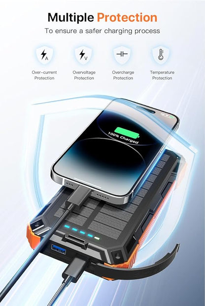 Solar Power Bank 49800mAh Wireless Portable Charger with USB-C 15W Fast Charging with 4 Built-in Cables LED Flashlight Battery Pack Compatible with iPhone, iPad, Smartphone,Perfect for Camping, Hiking