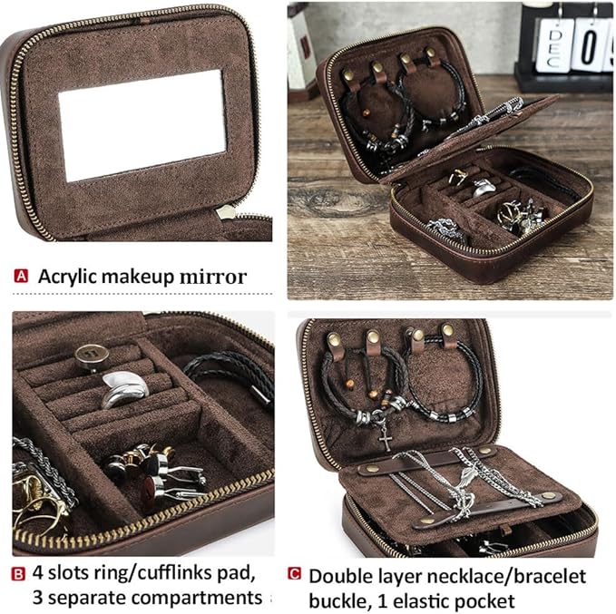 CONTACTS Genuine Leather Jewelry Box for Men Travel Jewelry Organizer Zipper Jewelry Cufflinks Ring Necklace Bracelet Storage Case with Mirror, Rectangular+mirror, Coffee
