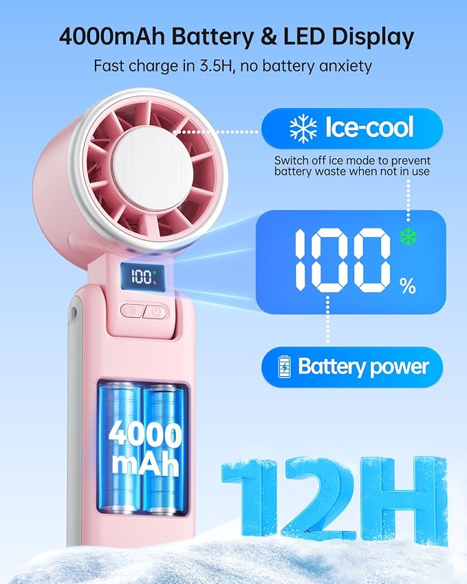 TriPole Portable Handheld Turbo Fan with Ice Cooling, 5 Speed Battery Rechargeable Foldable 3 in 1 Mini Fan, Neck & Desk Fan, Quiet Personal Fans for Outdoor, Travel, Camping, Hiking, Working