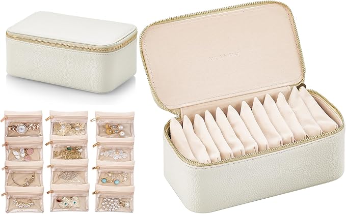 Vlando Travel Jewelry Box Organizer - 12 Small Velvet Zipped Pouches Pockets for Jewelries Necklaces Rings Earrings Sorting Storage, Offwhite