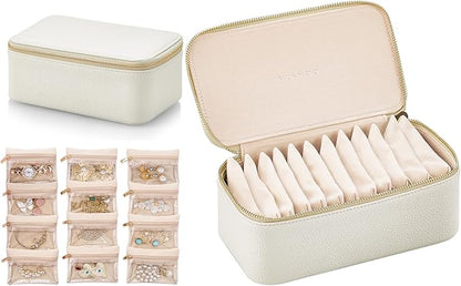 Vlando Travel Jewelry Box Organizer - 12 Small Velvet Zipped Pouches Pockets for Jewelries Necklaces Rings Earrings Sorting Storage, Offwhite