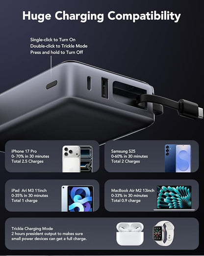 Portable Charger 20000mAh,30W PD3.0 and QC4.0 Fast Charging Power Bank,Built in Cable Phone Battery Pack Compatible with iPhone 17 16 15 14 Samsung Google iPad Laptop etc