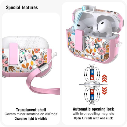 WENEW for AirPods Pro 3 Case (2025) Cover Secure Lock Automatic Snap Switch Clip Cleaner Kit Lanyard Women Stylish Flower Hard Shell Full Body Front LED Visible (Pink Flower, AirPods Pro 3)