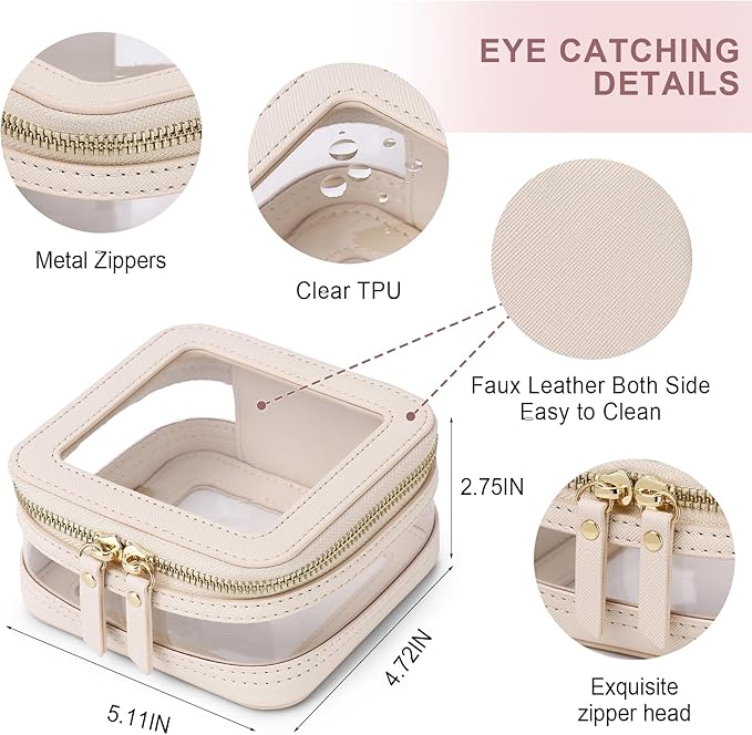 Pinkmik Clear Small Makeup Bag Mini Cosmetic Makeup Case & Toiletry Bag with Zipper,Cute Purse Organizer,Car Essentials for Women (Beige, MINI-2)