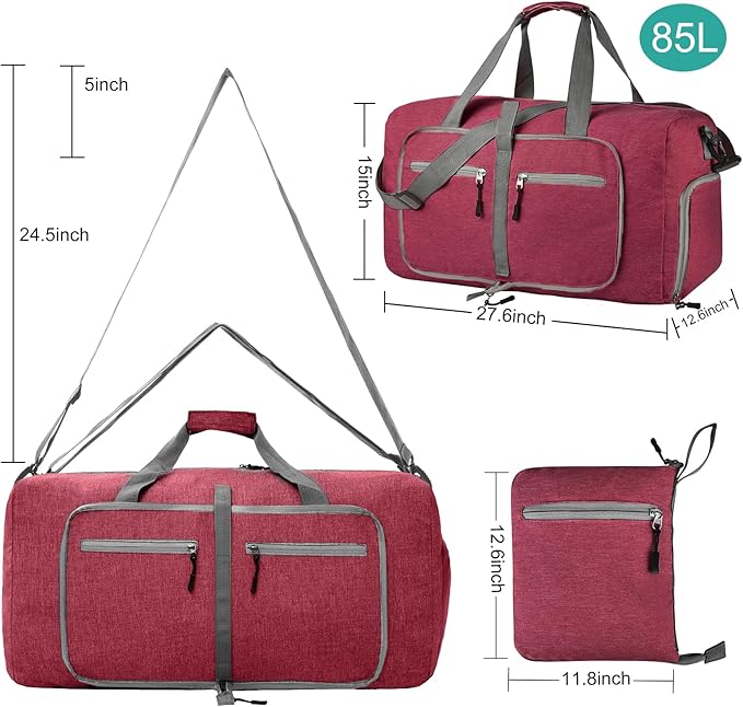 Dimayar 85L Travel Duffle Bag for Men Women - Foldable Duffel Bag with Shoes Compartment - Overnight Bags Waterproof & Tear Resistant(Red)